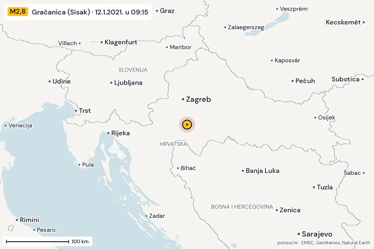 Karta: šire područje, 600 km, potres M2,8, Gračanica (Sisak), 12.1.2021.