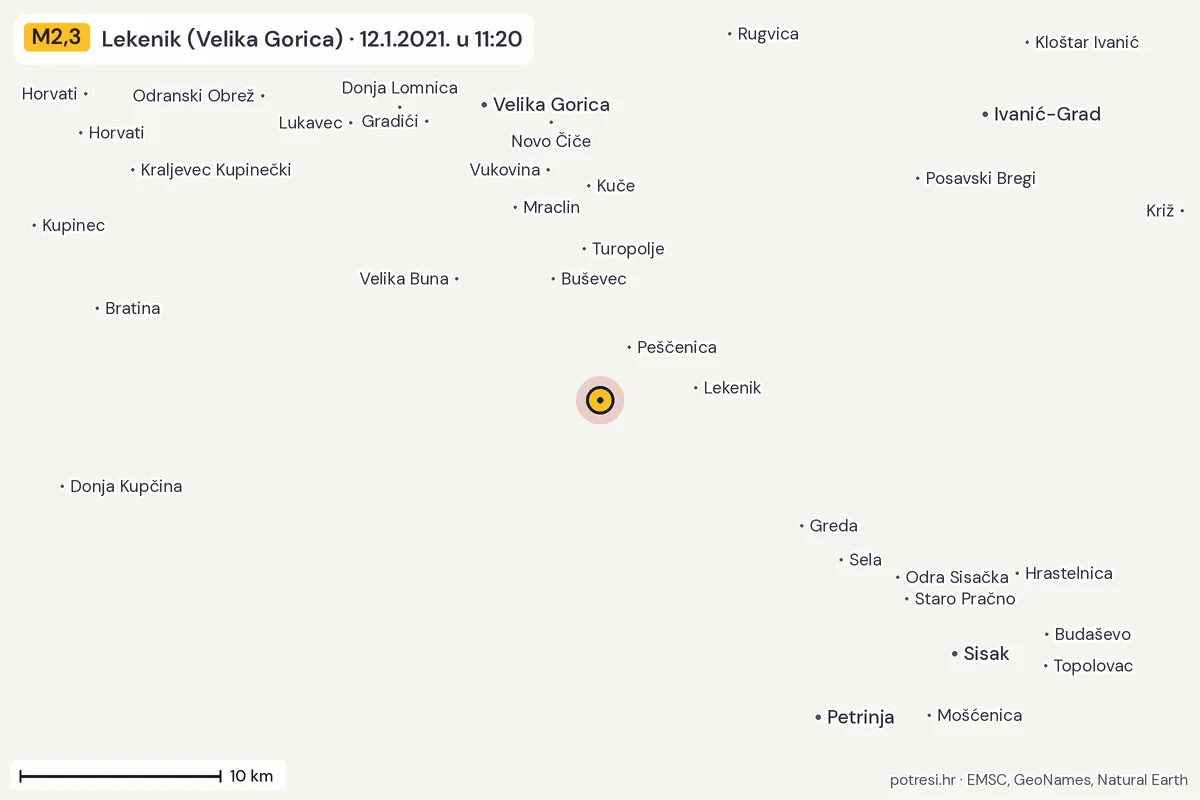 Karta: okolica epicentra, 60 km, potres M2,3, Lekenik (Velika Gorica), 12.1.2021.