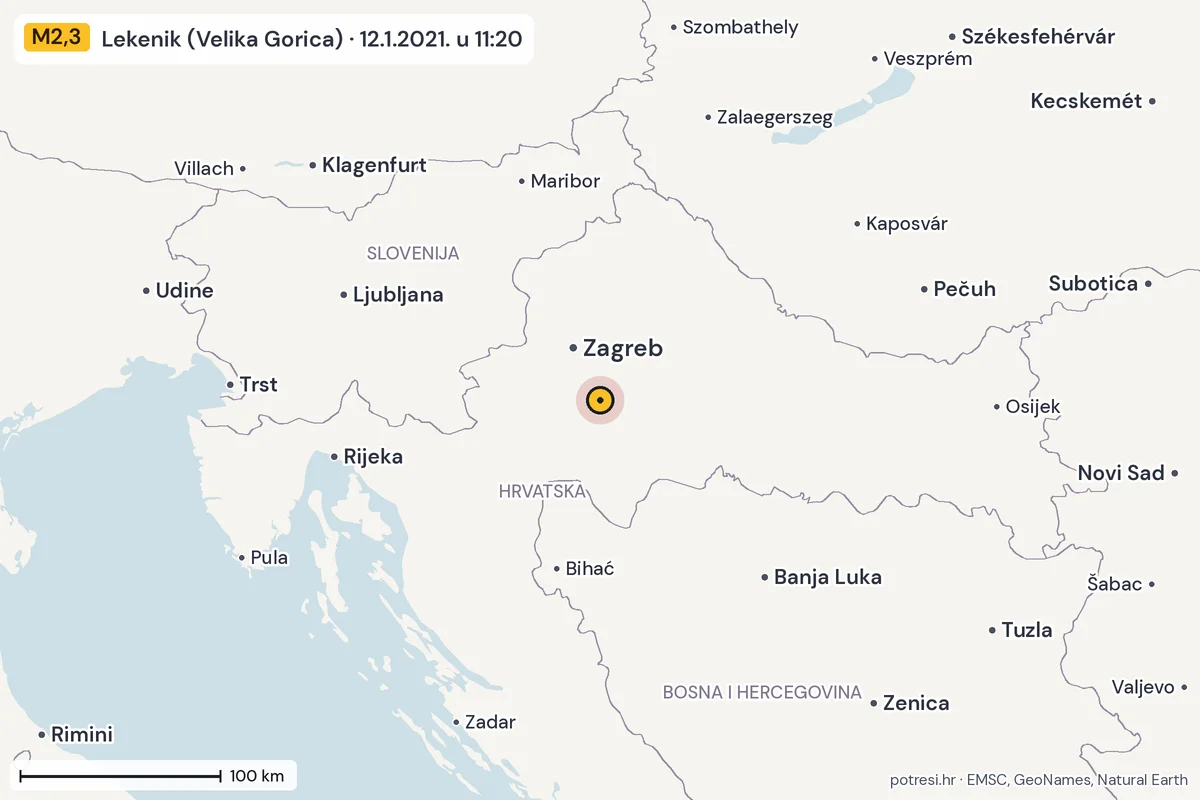 Karta: šire područje, 600 km, potres M2,3, Lekenik (Velika Gorica), 12.1.2021.