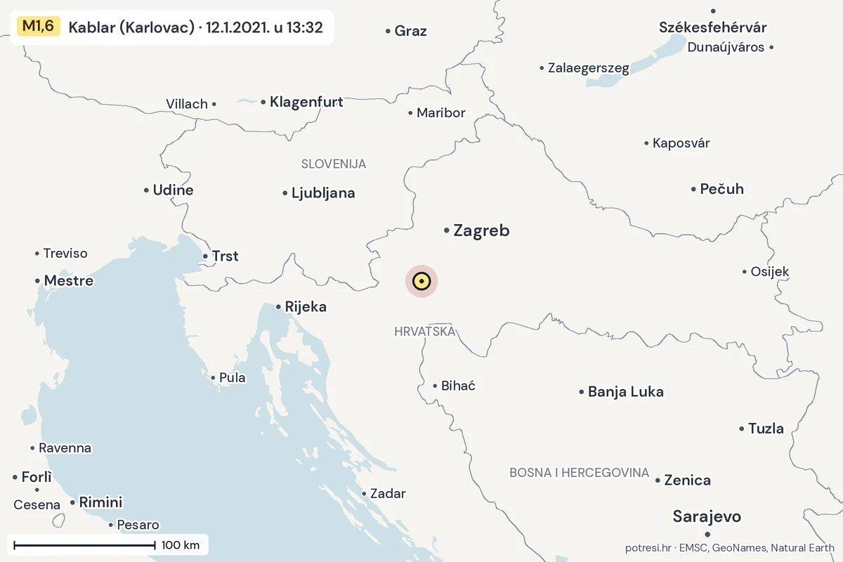 Karta: šire područje, 600 km, potres M1,6, Kablar (Karlovac), 12.1.2021.