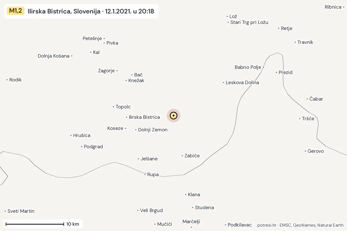 Karta: okolica epicentra, 60 km, potres M1,2, Ilirska Bistrica, Slovenija, 12.1.2021.