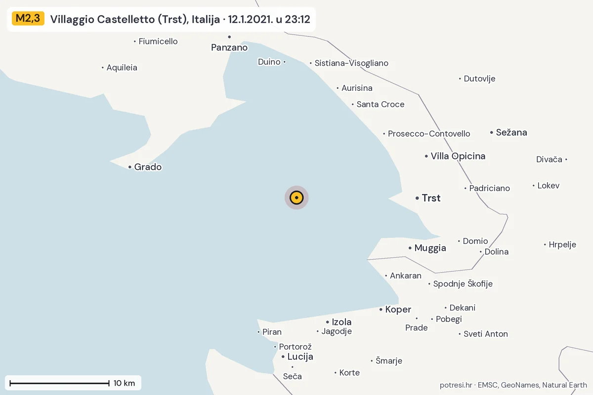 Karta: okolica epicentra, 60 km, potres M2,3, Villaggio Castelletto (Trst), Italija, 12.1.2021.