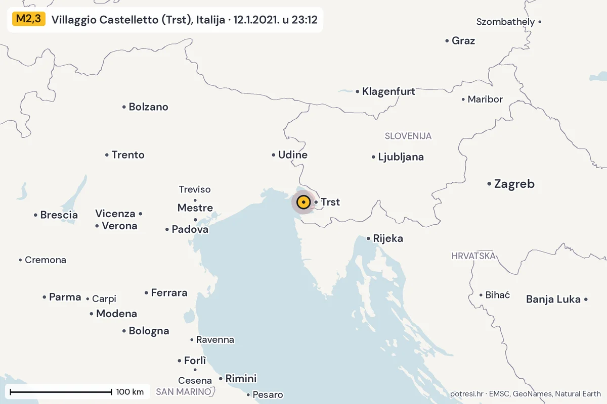 Karta: šire područje, 600 km, potres M2,3, Villaggio Castelletto (Trst), Italija, 12.1.2021.