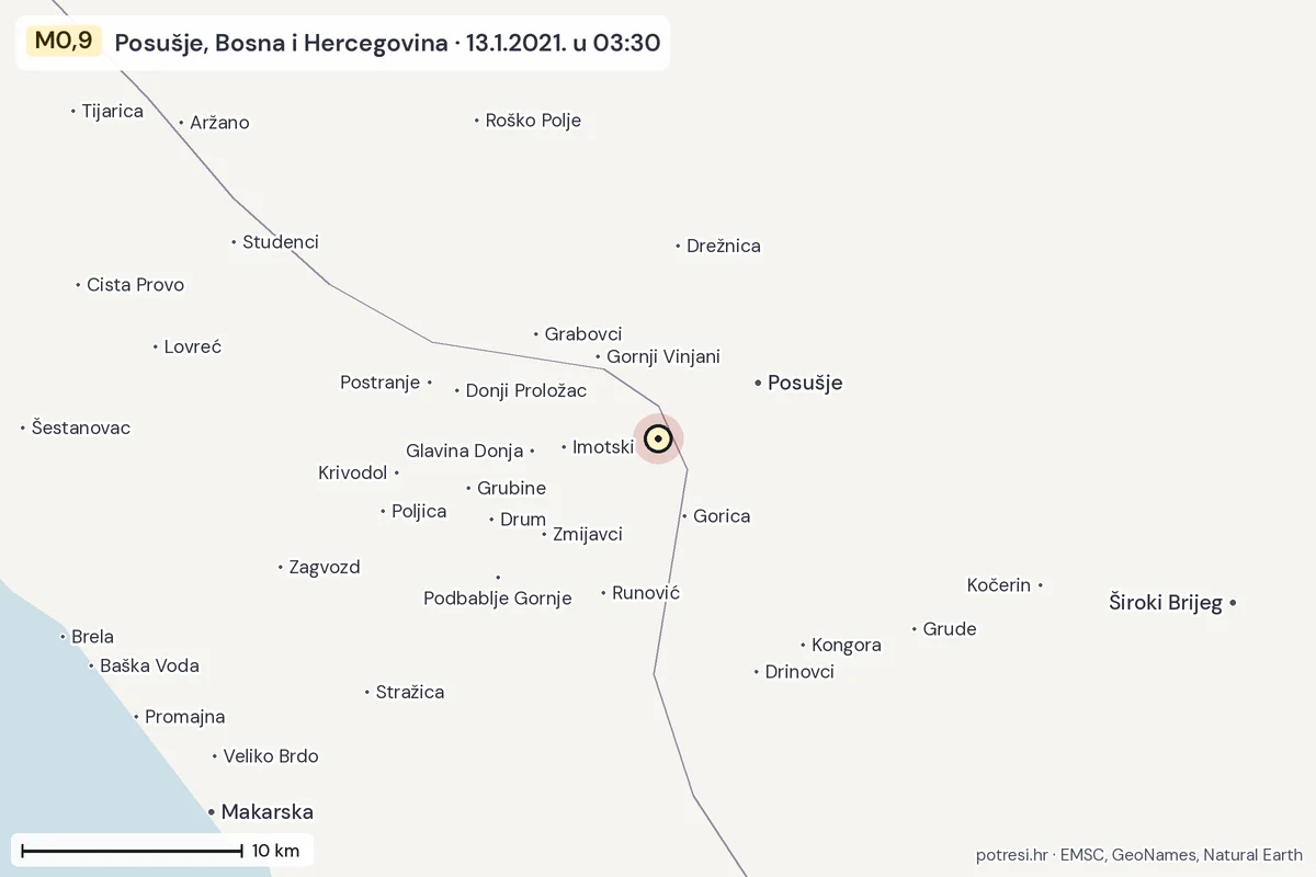 Karta: okolica epicentra, 60 km, potres M0,9, Posušje, Bosna i Hercegovina, 13.1.2021.