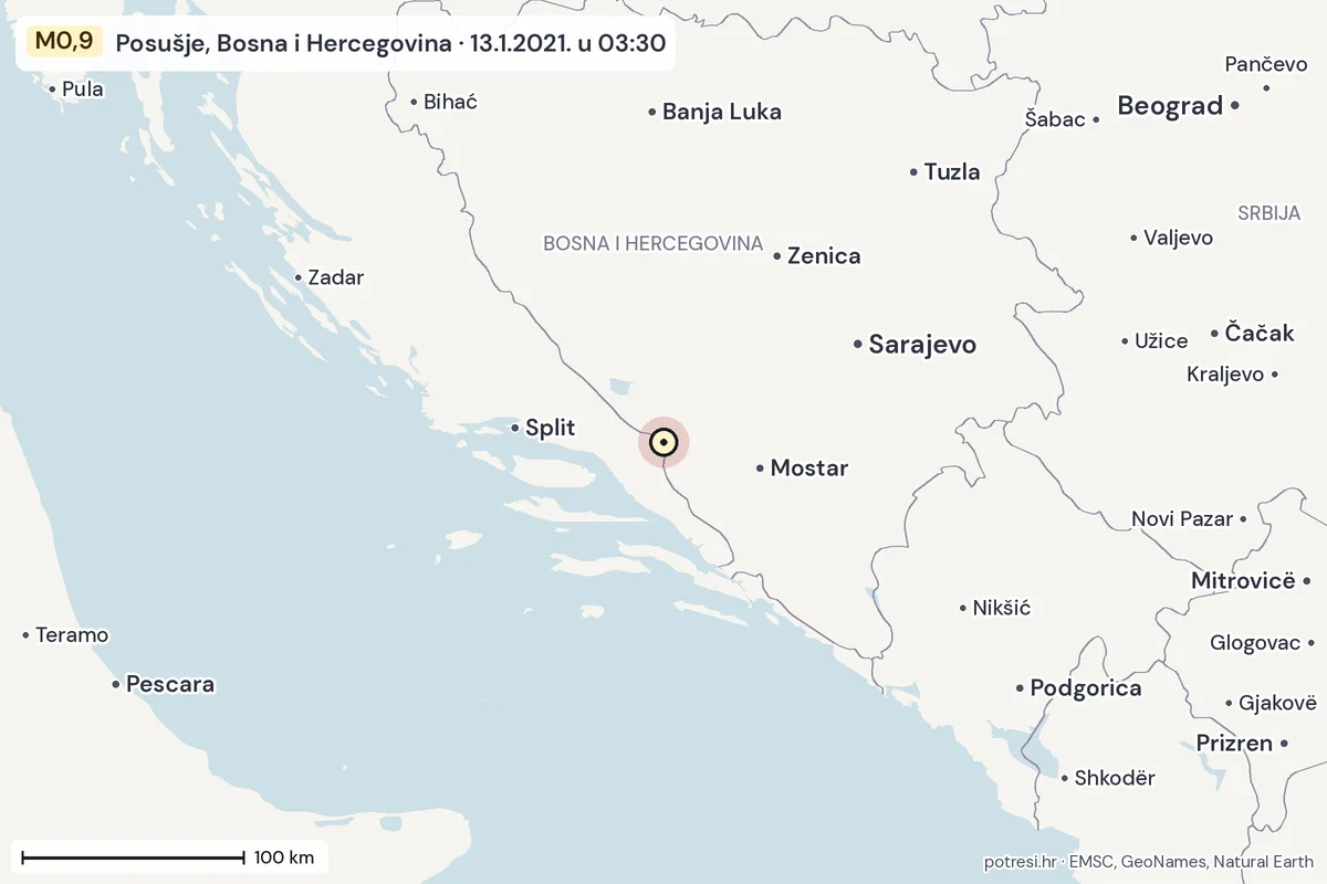 Karta: šire područje, 600 km, potres M0,9, Posušje, Bosna i Hercegovina, 13.1.2021.
