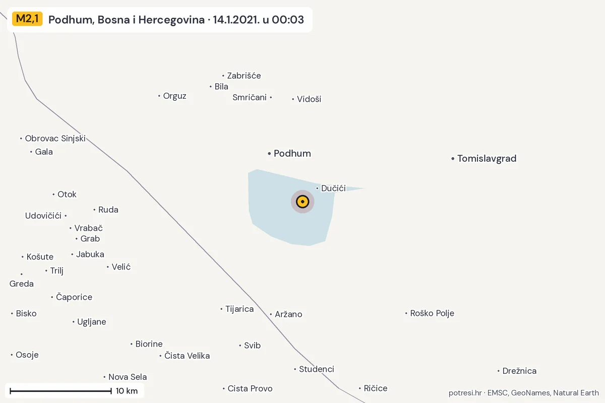 Karta: okolica epicentra, 60 km, potres M2,1, Podhum, Bosna i Hercegovina, 14.1.2021.