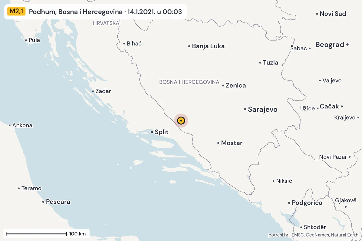 Karta: šire područje, 600 km, potres M2,1, Podhum, Bosna i Hercegovina, 14.1.2021.