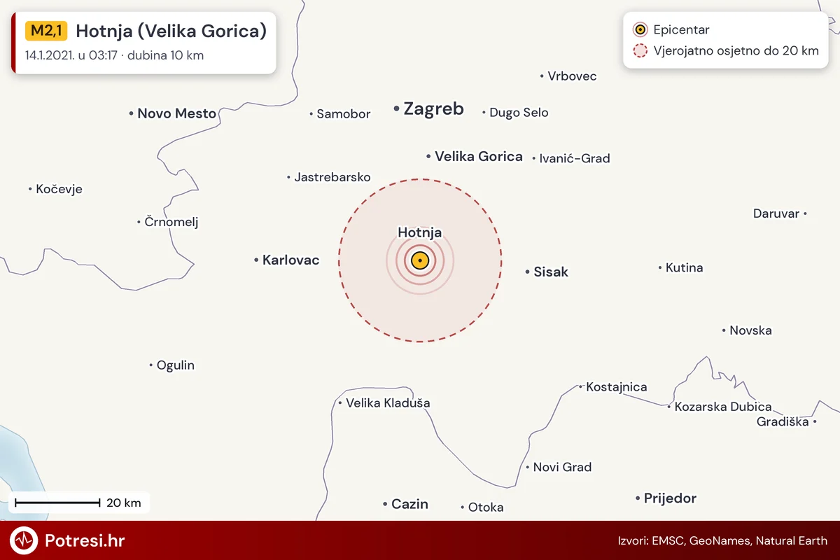 Karta: šire područje i vjerojatni doseg osjeta, potres M2,1, Hotnja (Velika Gorica), 14.1.2021.
