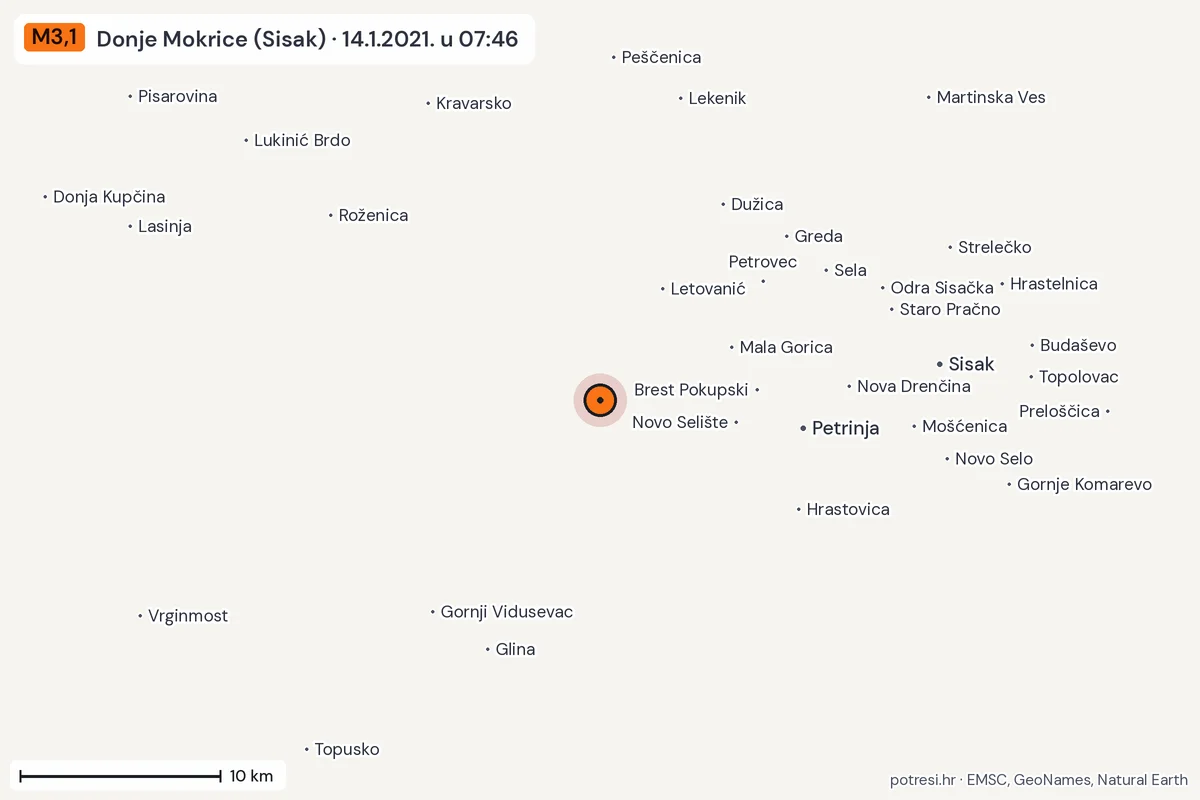 Karta: okolica epicentra, 60 km, potres M3,1, Donje Mokrice (Sisak), 14.1.2021.