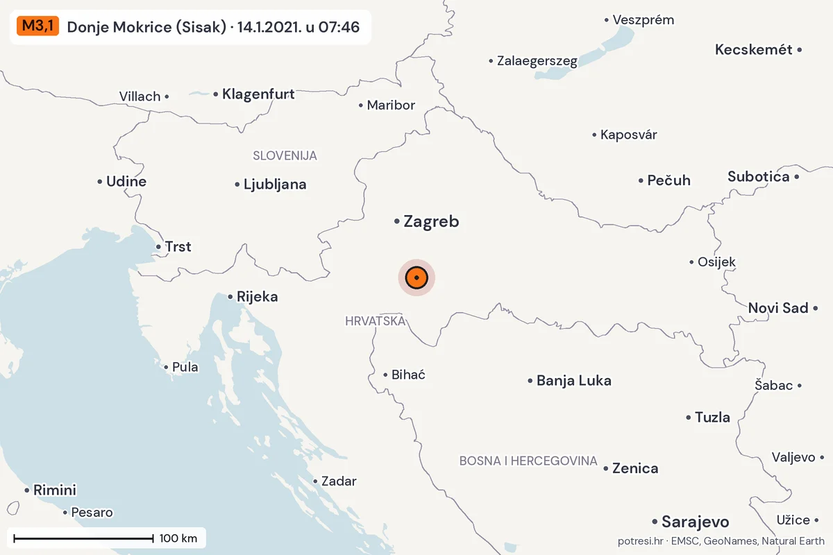 Karta: šire područje, 600 km, potres M3,1, Donje Mokrice (Sisak), 14.1.2021.