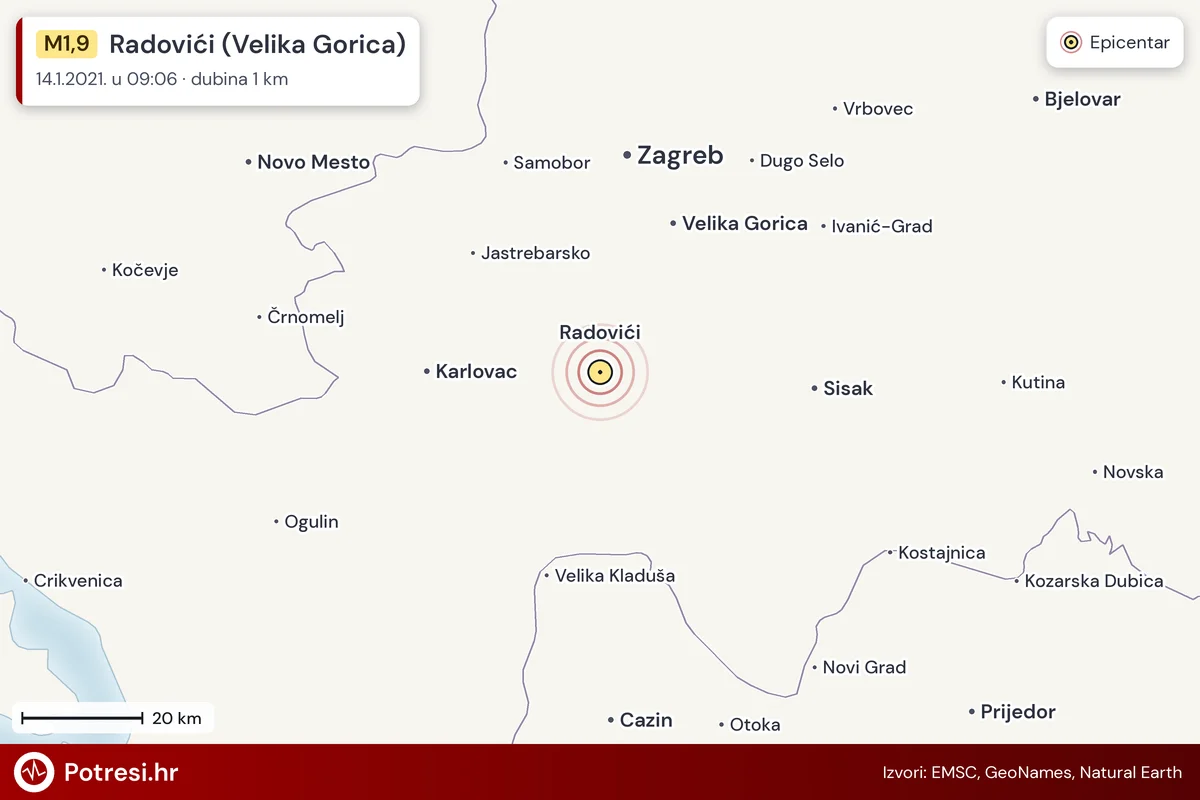 Karta: šire područje i vjerojatni doseg osjeta, potres M1,9, Radovići (Velika Gorica), 14.1.2021.