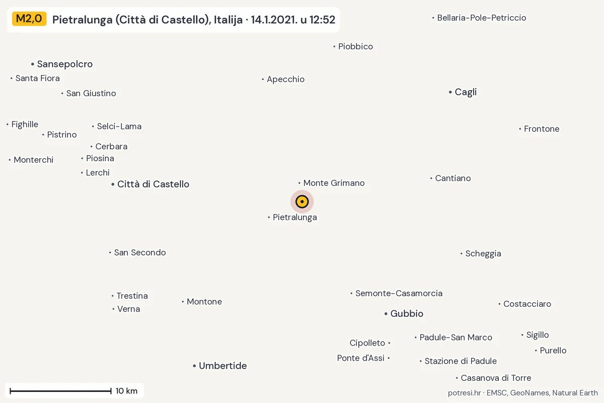 Karta: okolica epicentra, 60 km, potres M2,0, Pietralunga (Città di Castello), Italija, 14.1.2021.