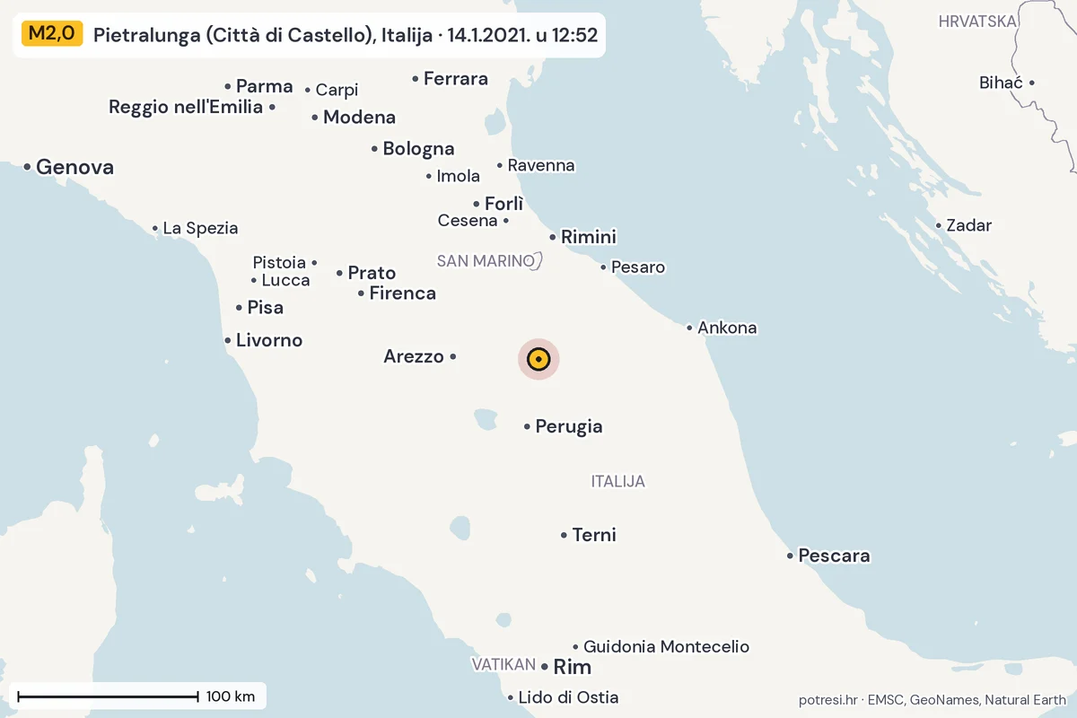 Karta: šire područje, 600 km, potres M2,0, Pietralunga (Città di Castello), Italija, 14.1.2021.