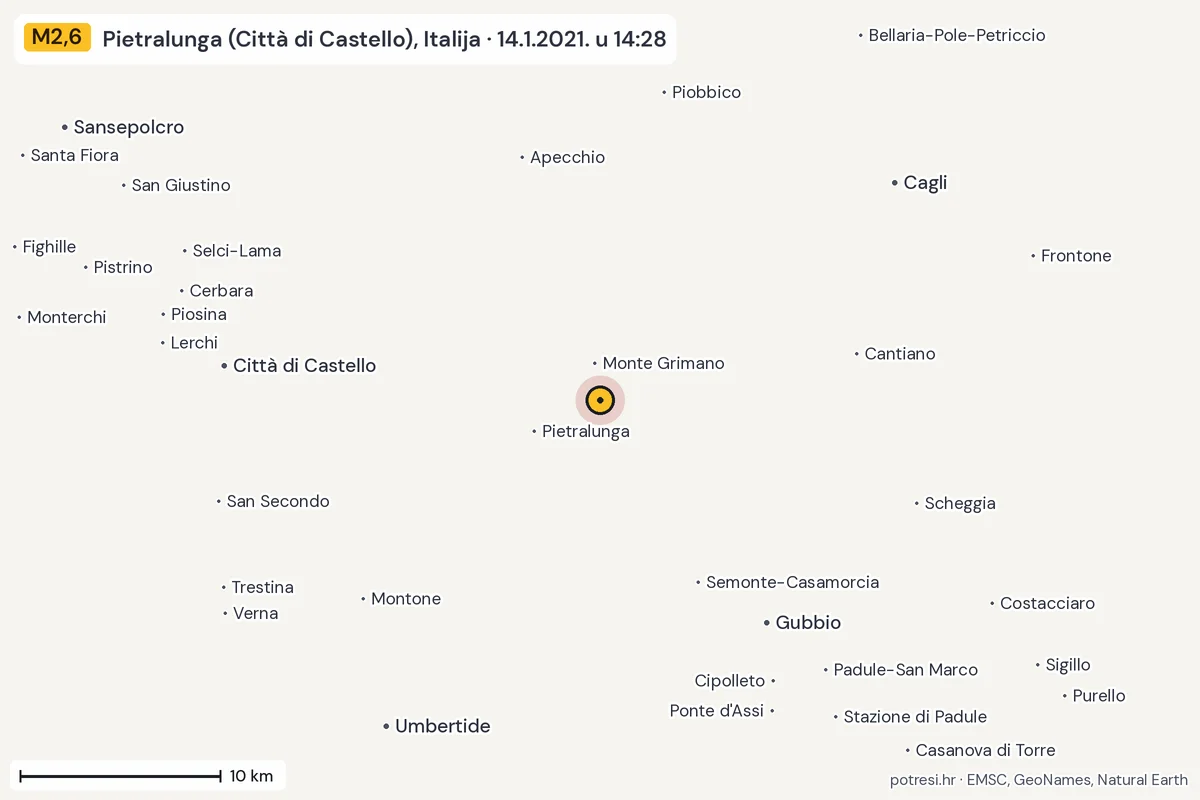 Karta: okolica epicentra, 60 km, potres M2,6, Pietralunga (Città di Castello), Italija, 14.1.2021.