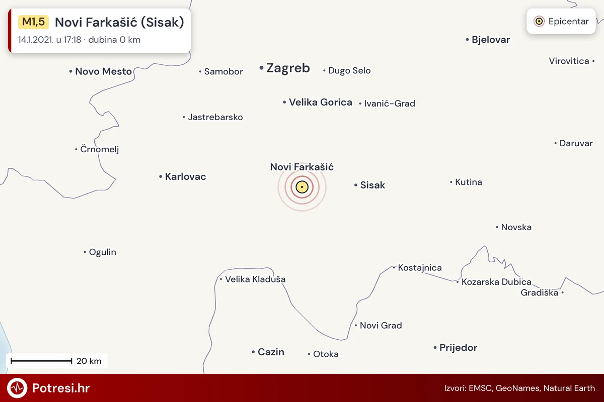 Karta: šire područje i vjerojatni doseg osjeta, potres M1,5, Novi Farkašić (Sisak), 14.1.2021.