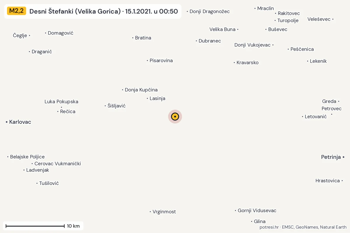 Karta: okolica epicentra, 60 km, potres M2,2, Desni Štefanki (Velika Gorica), 15.1.2021.