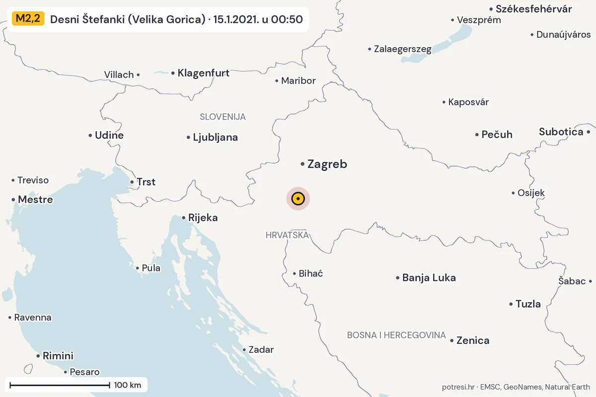 Karta: šire područje, 600 km, potres M2,2, Desni Štefanki (Velika Gorica), 15.1.2021.