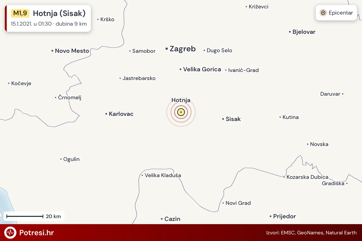 Karta: šire područje i vjerojatni doseg osjeta, potres M1,9, Hotnja (Sisak), 15.1.2021.