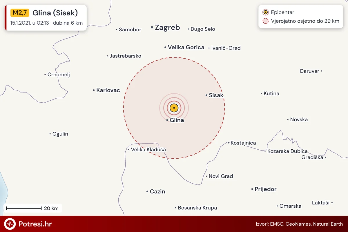 Karta: šire područje i vjerojatni doseg osjeta, potres M2,7, Glina (Sisak), 15.1.2021.