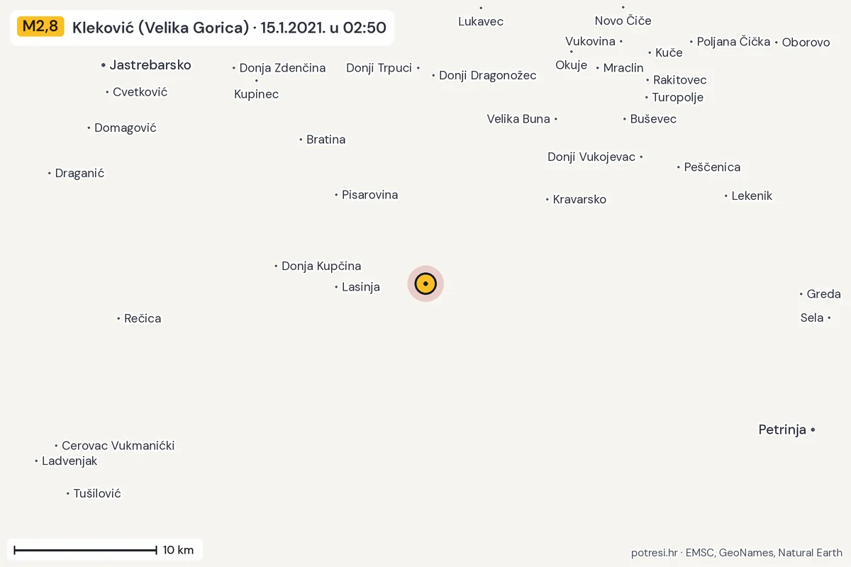 Karta: okolica epicentra, 60 km, potres M2,8, Kleković (Velika Gorica), 15.1.2021.