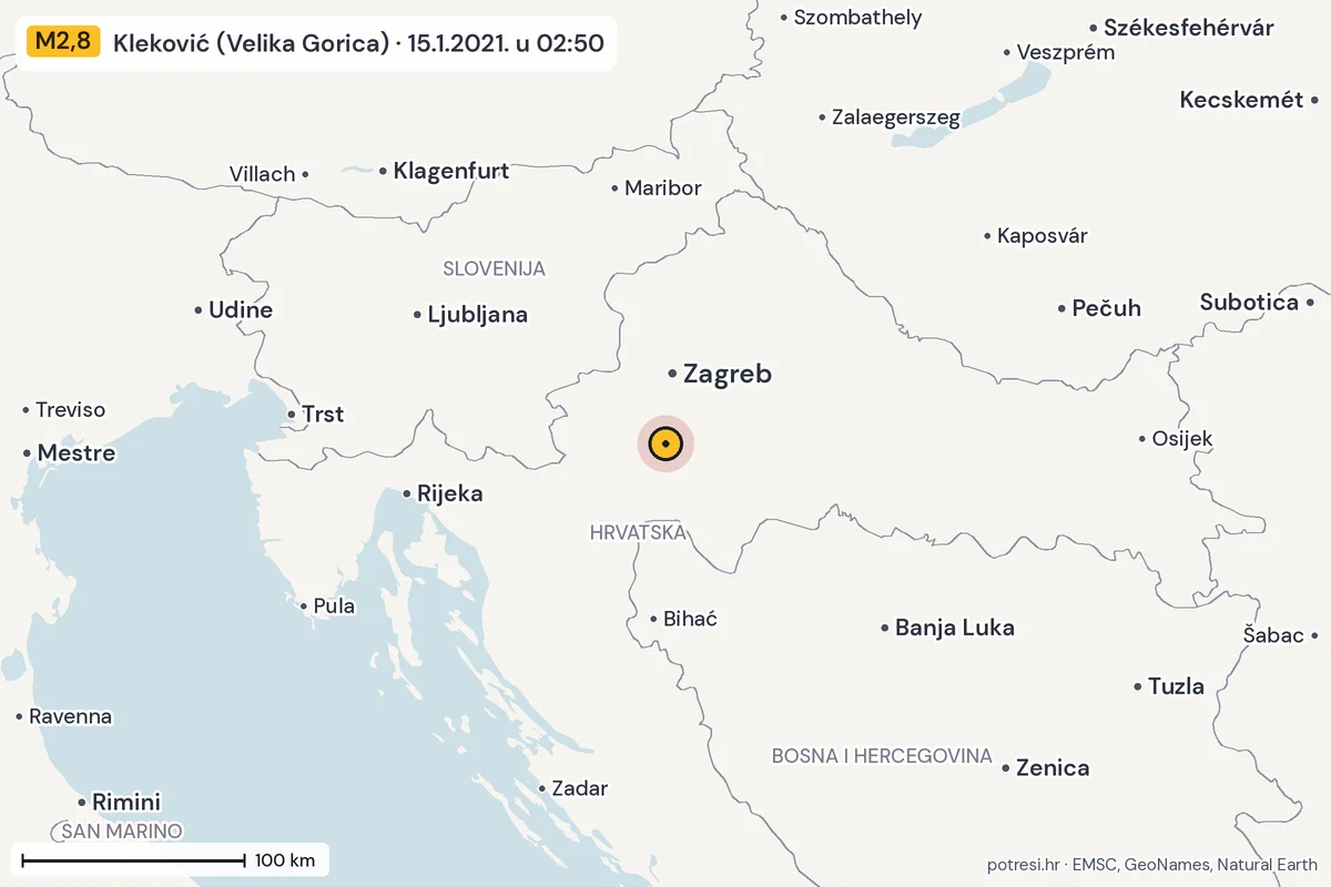 Karta: šire područje, 600 km, potres M2,8, Kleković (Velika Gorica), 15.1.2021.