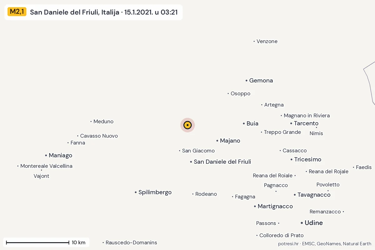 Karta: okolica epicentra, 60 km, potres M2,1, San Daniele del Friuli, Italija, 15.1.2021.