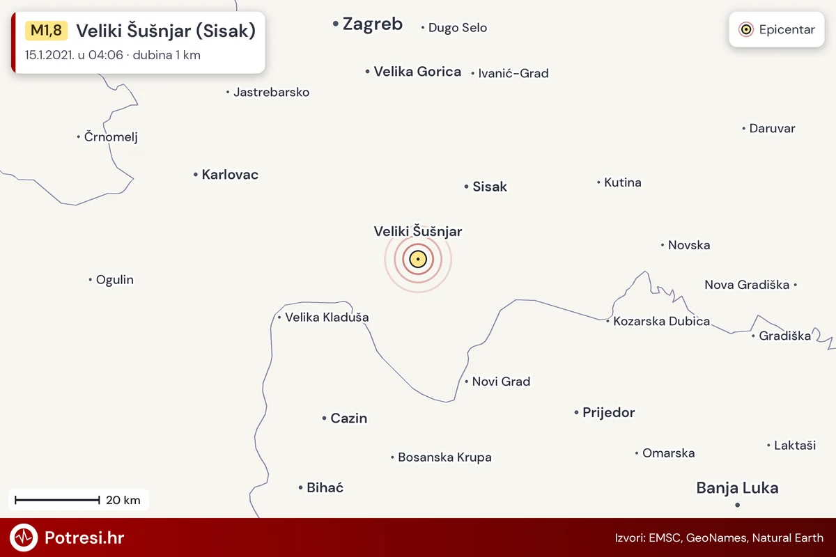 Karta: šire područje i vjerojatni doseg osjeta, potres M1,8, Veliki Šušnjar (Sisak), 15.1.2021.