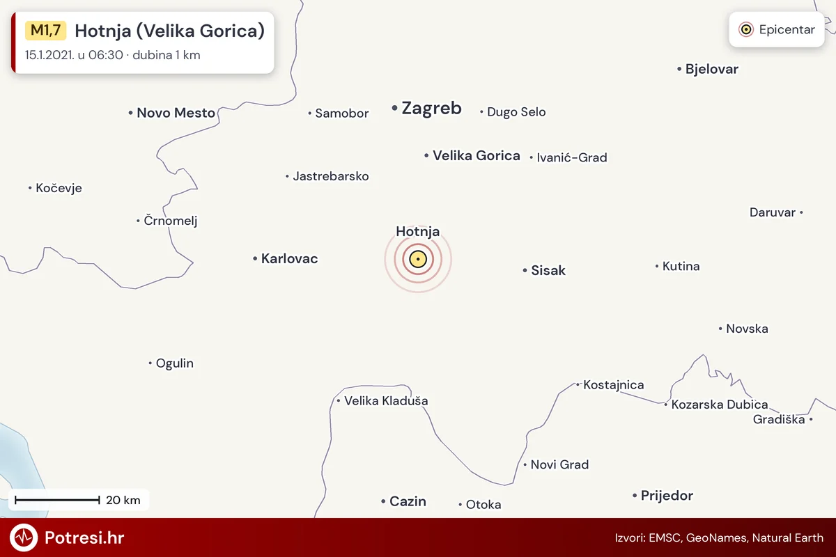 Karta: šire područje i vjerojatni doseg osjeta, potres M1,7, Hotnja (Velika Gorica), 15.1.2021.