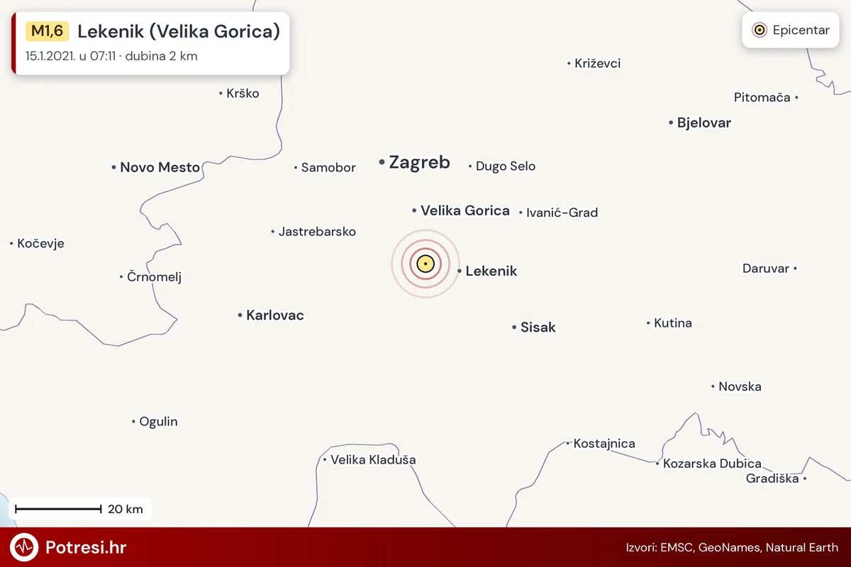 Karta: šire područje i vjerojatni doseg osjeta, potres M1,6, Lekenik (Velika Gorica), 15.1.2021.