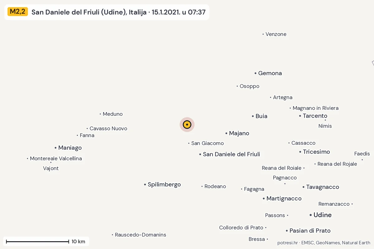 Karta: okolica epicentra, 60 km, potres M2,2, San Daniele del Friuli (Udine), Italija, 15.1.2021.