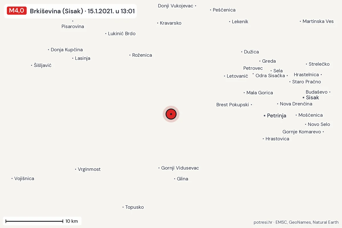 Karta: okolica epicentra, 60 km, potres M4,0, Brkiševina (Sisak), 15.1.2021.