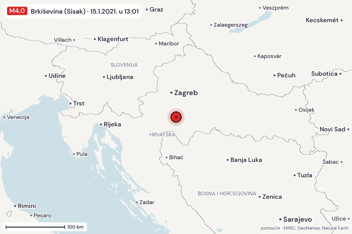Karta: šire područje, 600 km, potres M4,0, Brkiševina (Sisak), 15.1.2021.