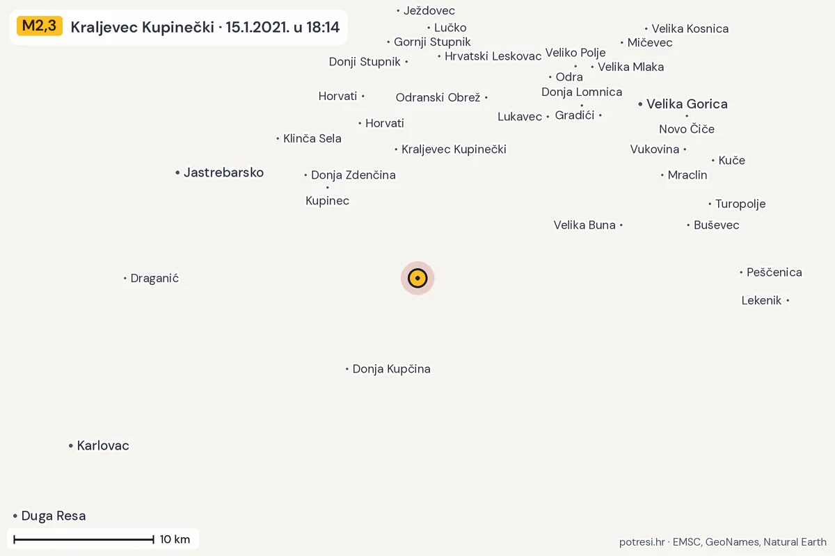 Karta: okolica epicentra, 60 km, potres M2,3, Kraljevec Kupinečki, 15.1.2021.