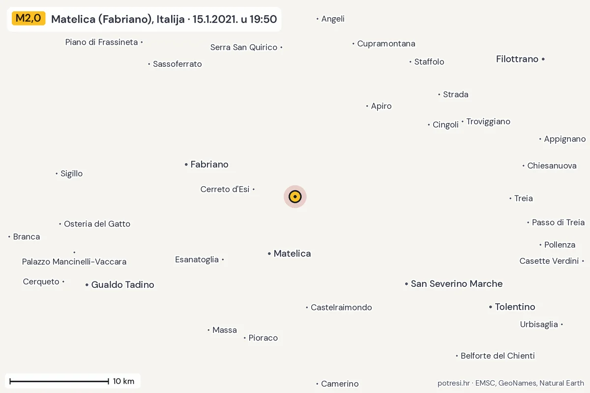 Karta: okolica epicentra, 60 km, potres M2,0, Matelica (Fabriano), Italija, 15.1.2021.