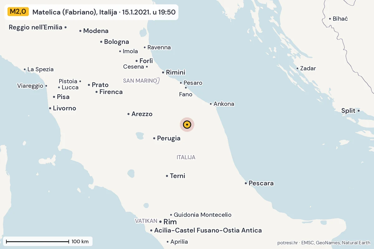 Karta: šire područje, 600 km, potres M2,0, Matelica (Fabriano), Italija, 15.1.2021.