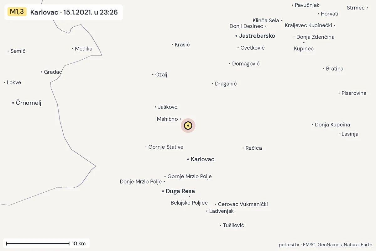 Karta: okolica epicentra, 60 km, potres M1,3, Karlovac, 15.1.2021.