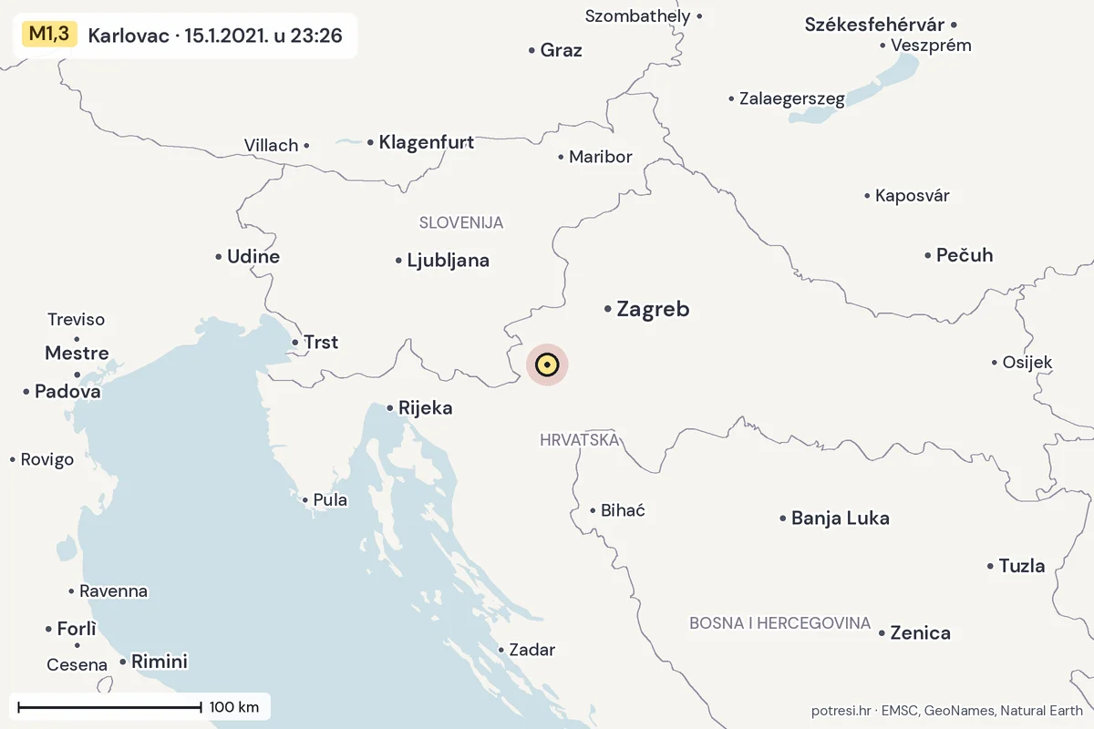 Karta: šire područje, 600 km, potres M1,3, Karlovac, 15.1.2021.