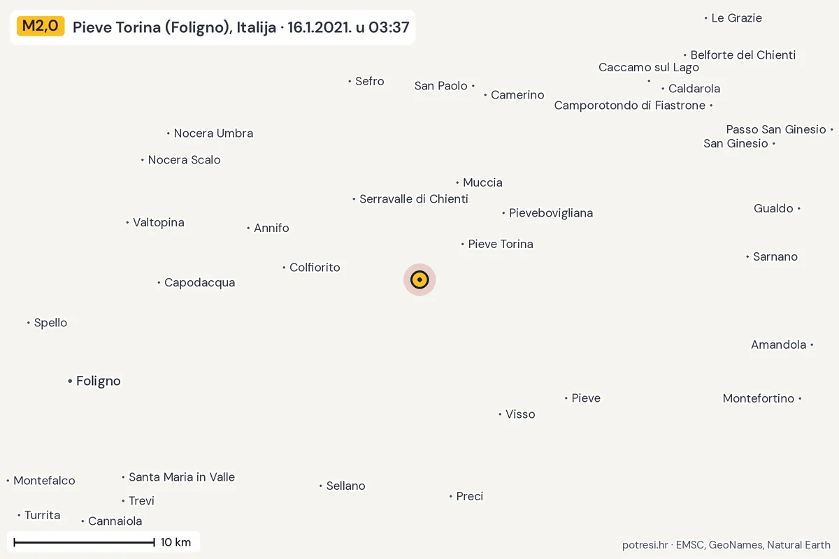 Karta: okolica epicentra, 60 km, potres M2,0, Pieve Torina (Foligno), Italija, 16.1.2021.