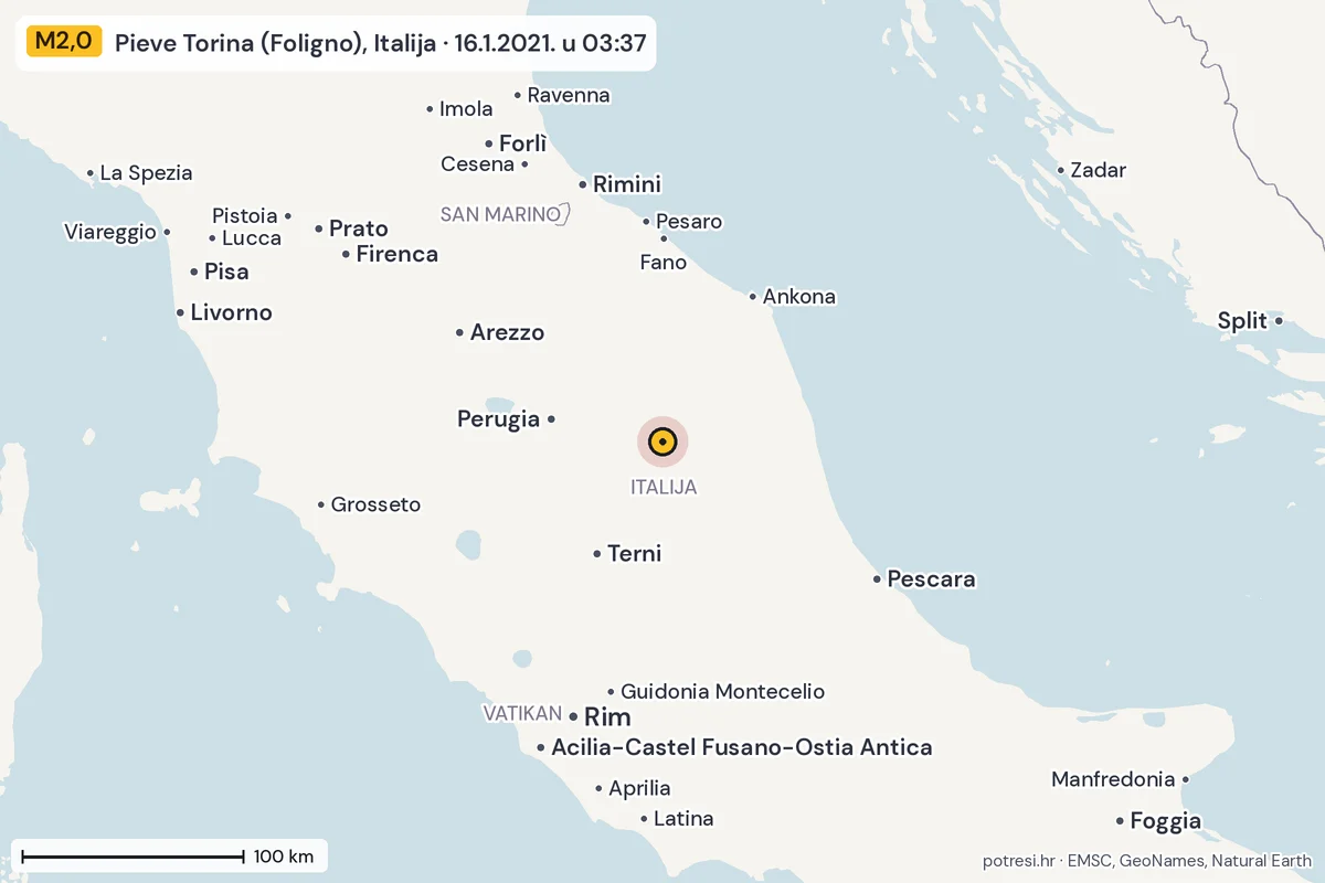 Karta: šire područje, 600 km, potres M2,0, Pieve Torina (Foligno), Italija, 16.1.2021.