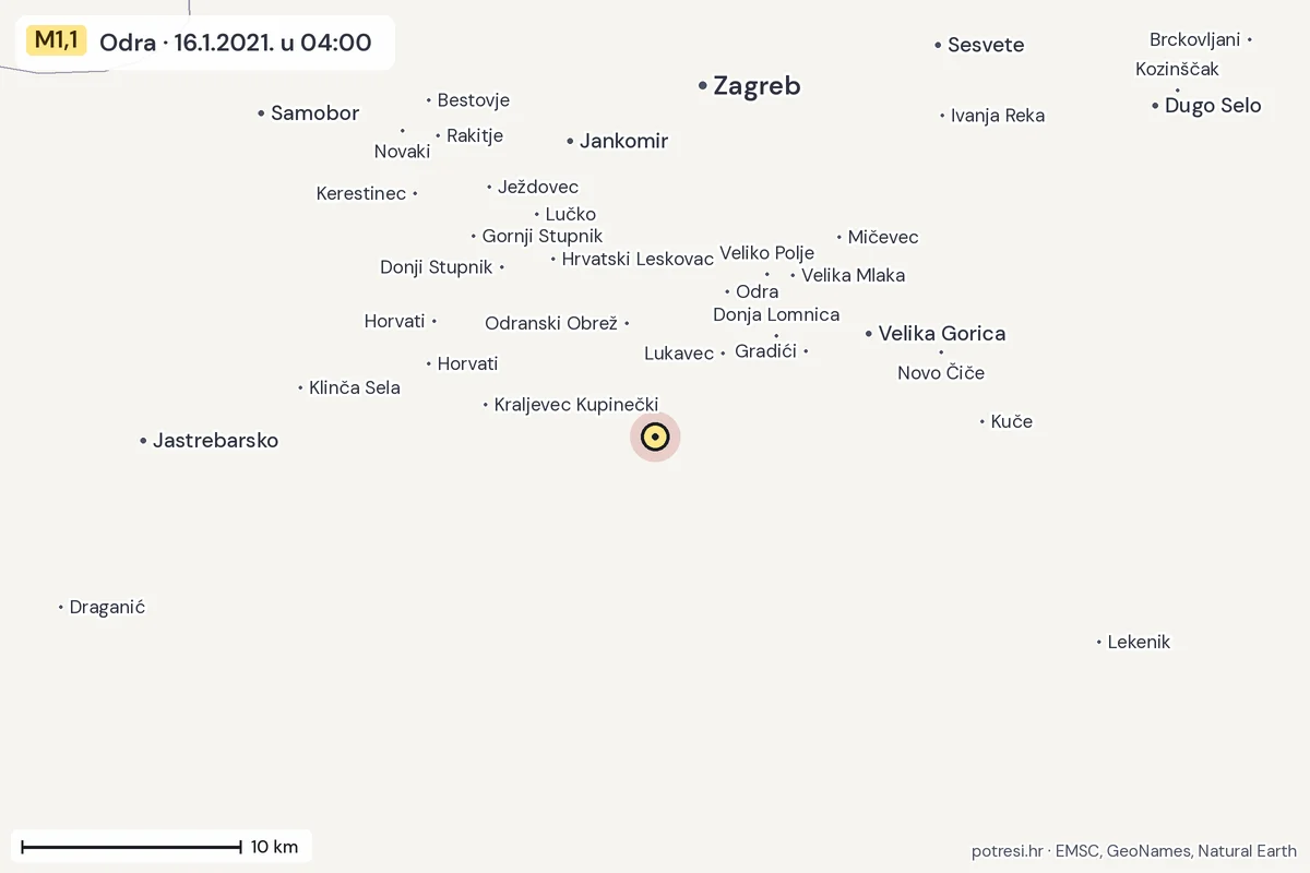 Karta: okolica epicentra, 60 km, potres M1,1, Odra, 16.1.2021.
