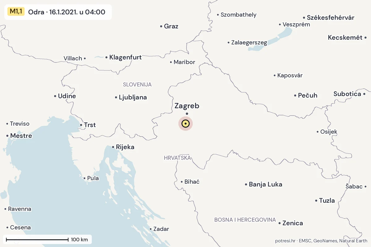 Karta: šire područje, 600 km, potres M1,1, Odra, 16.1.2021.