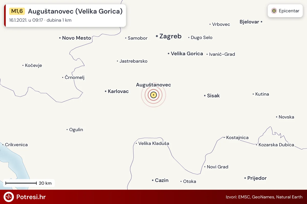 Karta: šire područje i vjerojatni doseg osjeta, potres M1,6, Auguštanovec (Velika Gorica), 16.1.2021.