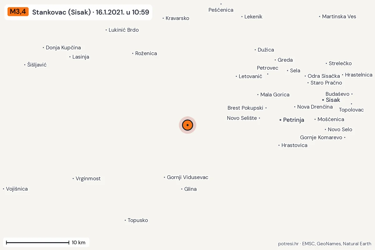 Karta: okolica epicentra, 60 km, potres M3,4, Stankovac (Sisak), 16.1.2021.