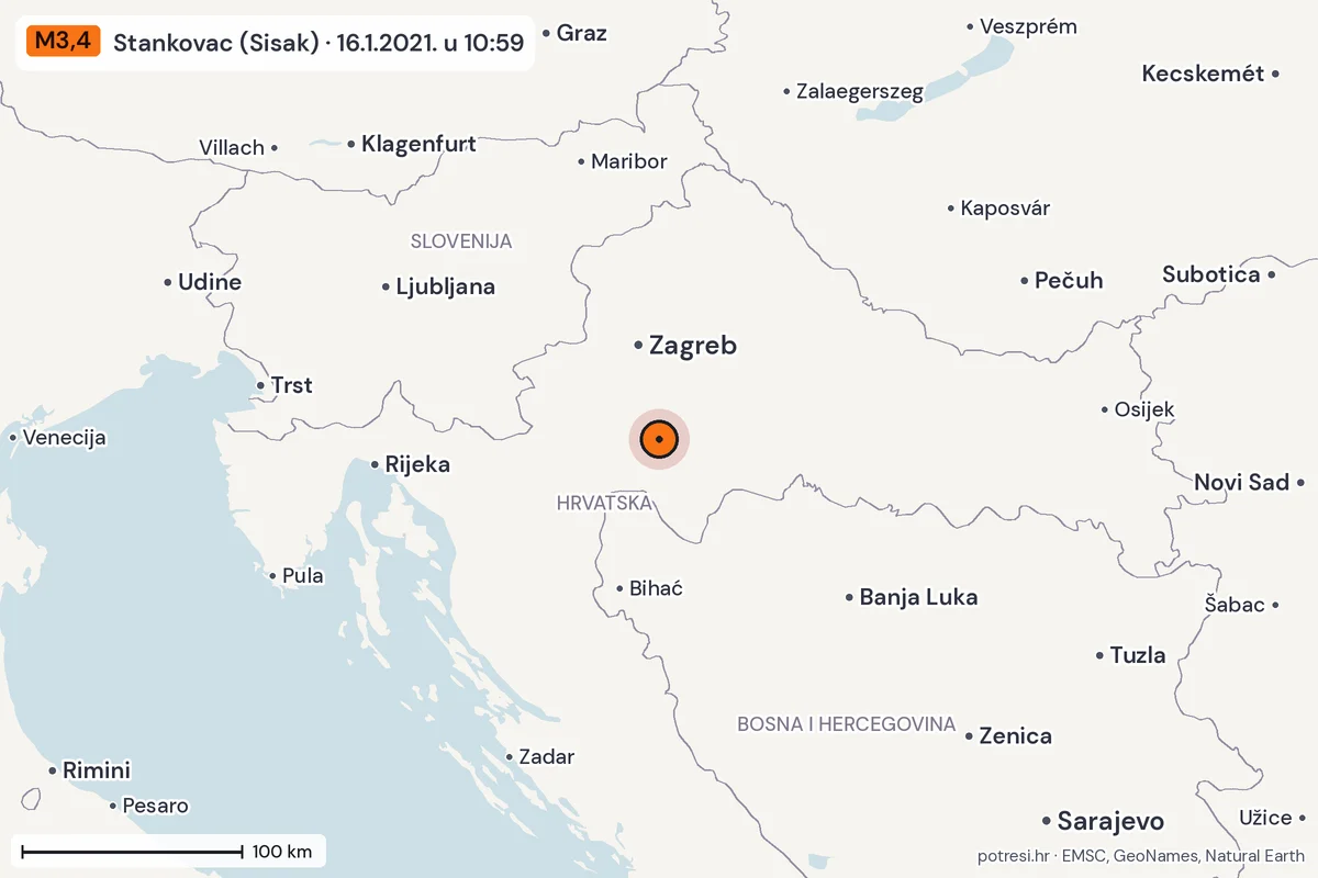 Karta: šire područje, 600 km, potres M3,4, Stankovac (Sisak), 16.1.2021.