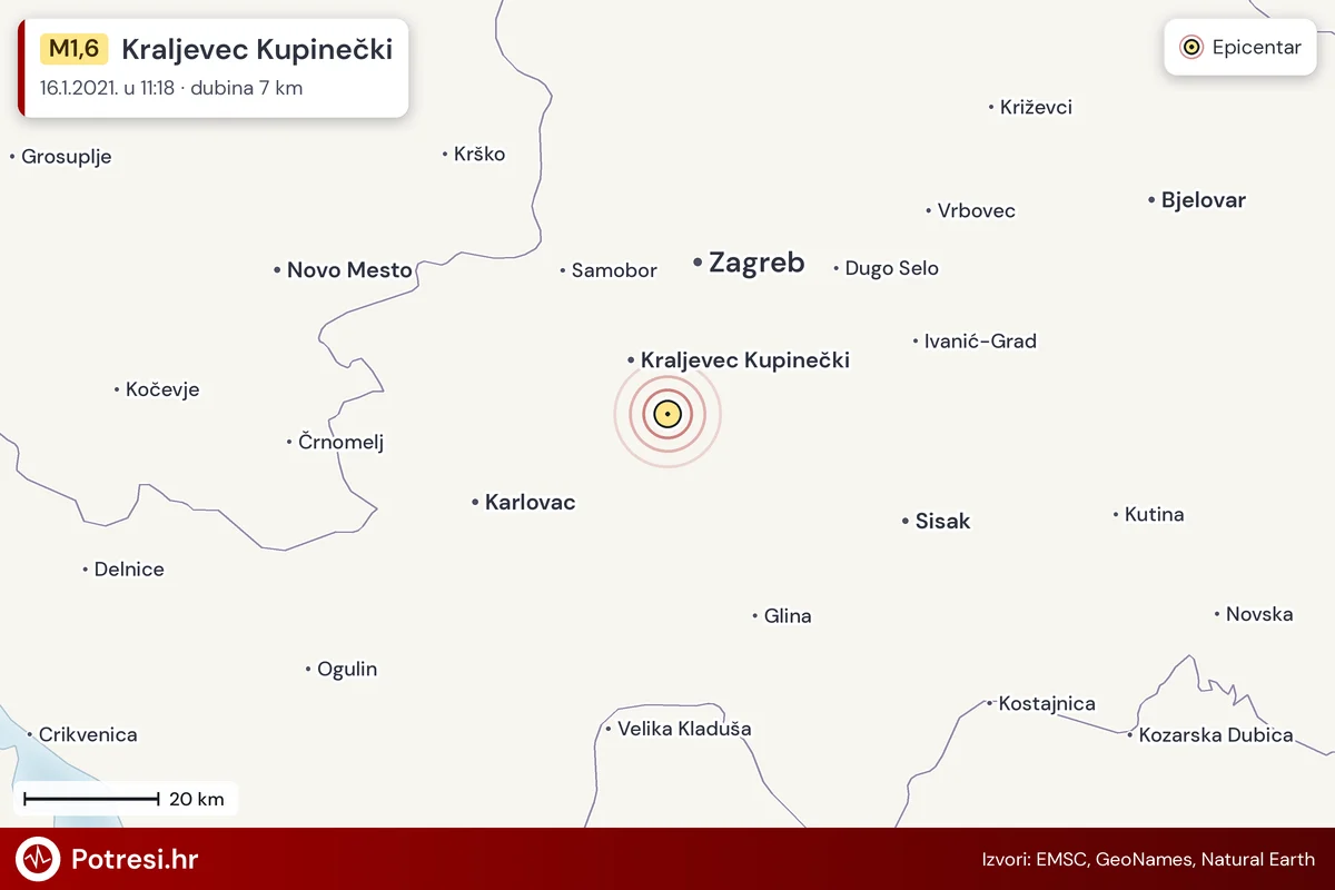 Karta: šire područje i vjerojatni doseg osjeta, potres M1,6, Kraljevec Kupinečki, 16.1.2021.