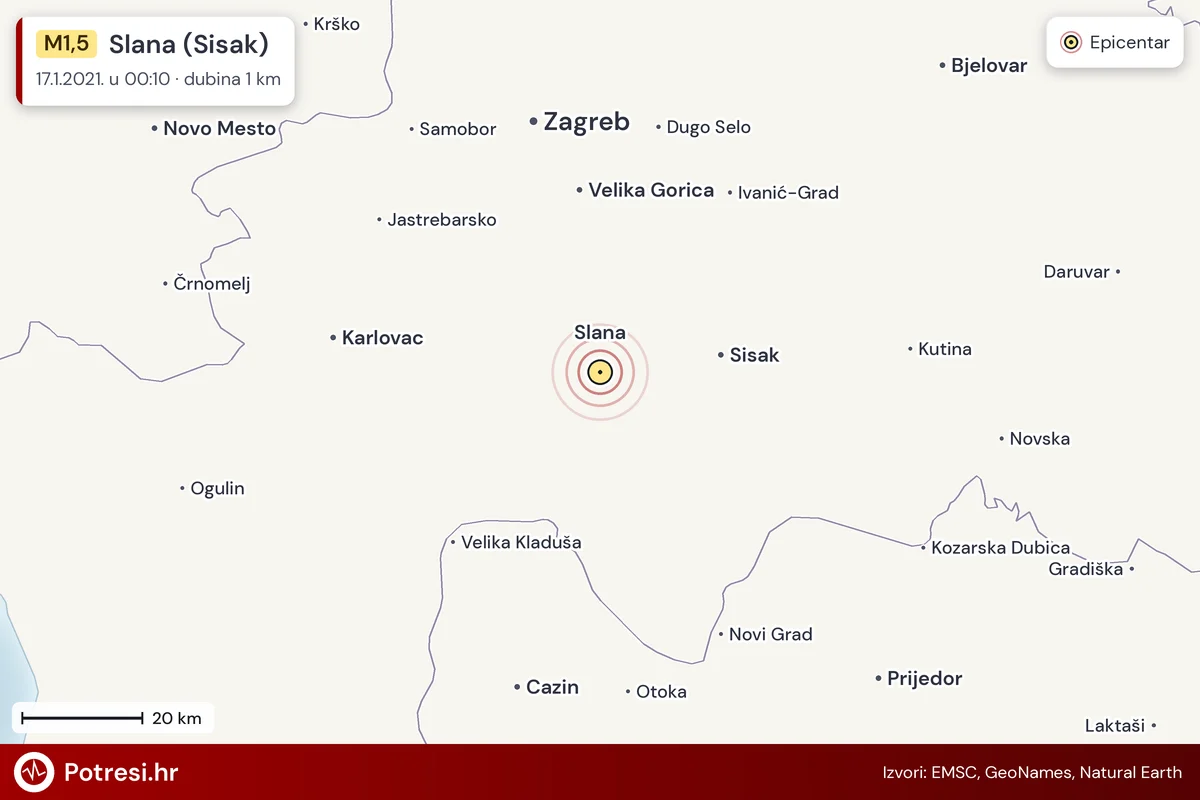 Karta: šire područje i vjerojatni doseg osjeta, potres M1,5, Slana (Sisak), 17.1.2021.