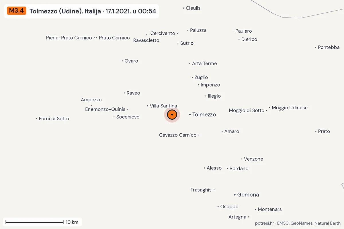 Karta: okolica epicentra, 60 km, potres M3,4, Tolmezzo (Udine), Italija, 17.1.2021.