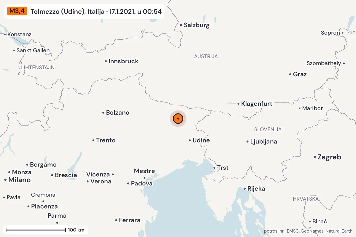 Karta: šire područje, 600 km, potres M3,4, Tolmezzo (Udine), Italija, 17.1.2021.