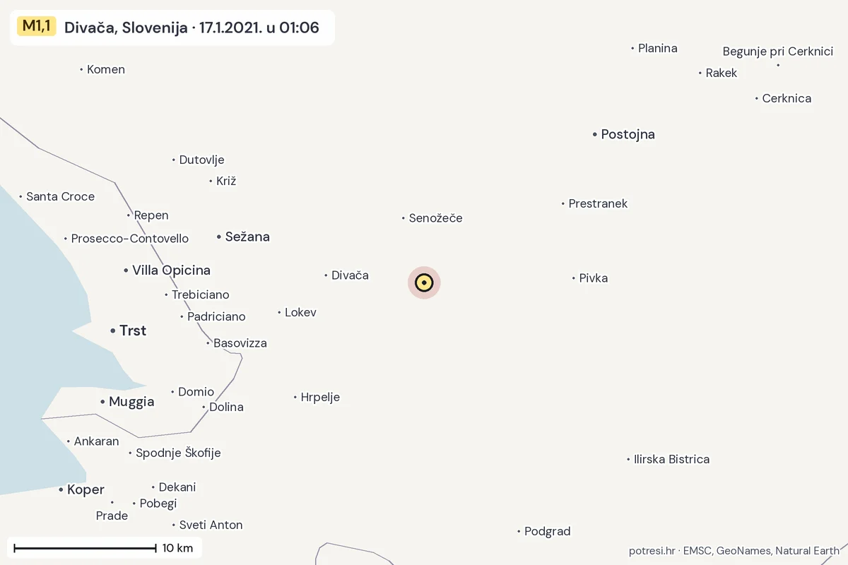 Karta: okolica epicentra, 60 km, potres M1,1, Divača, Slovenija, 17.1.2021.