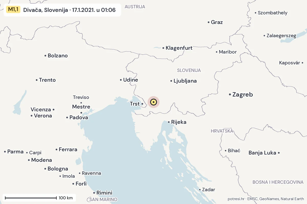 Karta: šire područje, 600 km, potres M1,1, Divača, Slovenija, 17.1.2021.